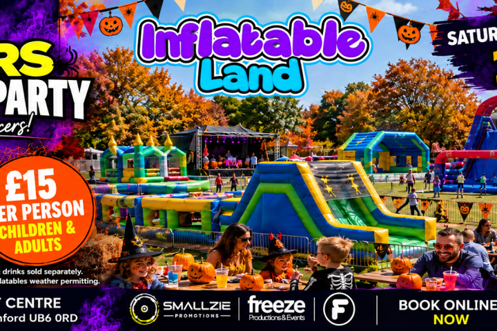 Event poster for Tiny Dancers Halloween inflatable park party on October 31, 2026, from 1-5 PM.